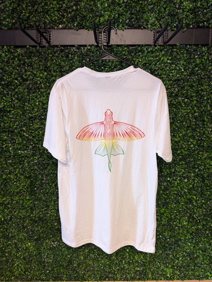 Back of white Puakea Rasta T-shirt with flying fish graphic in red, yellow, and green.